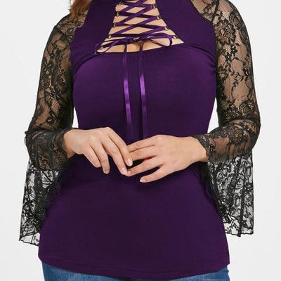 Plus Size Sheer Lace Insert Cut Out Lace Up T-Shirt