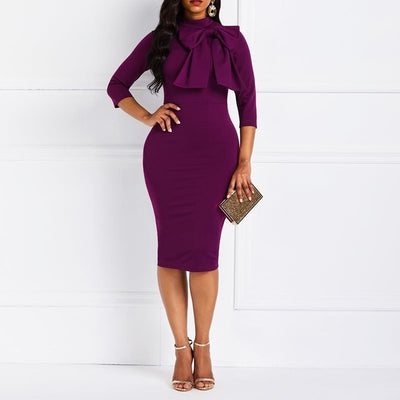 Office Lady's Smooth Purple Bowknot Casual Elegant Dress