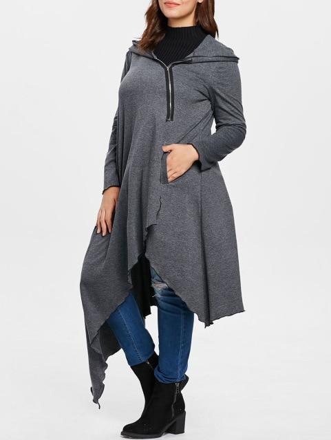 Plus Size Hooded Zip Up Asymmetrical Maxi Hoodie Coat