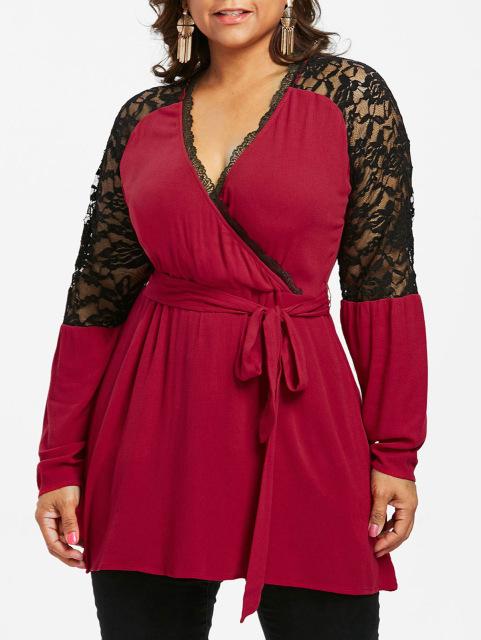 Plus Size V Neck Symmetric Lace Trim Shirt