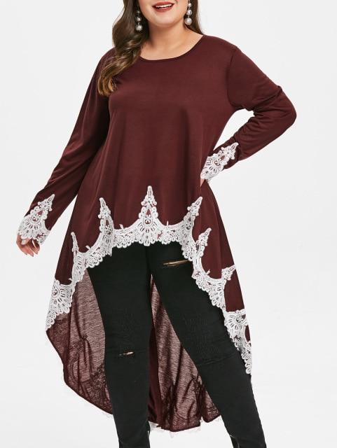 Plus Size Lace Panel Asymmetric Contrast T Shirt Women Long Sleeves