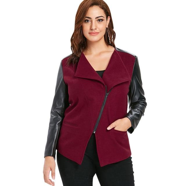 Women Plus Size Faux Leather Color Block Panel Jacket