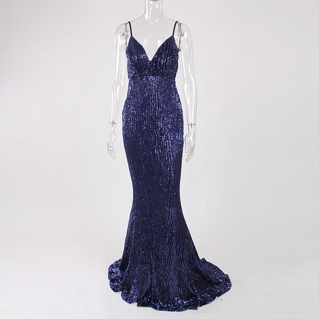 V Neck Sequined Evening Party Dress