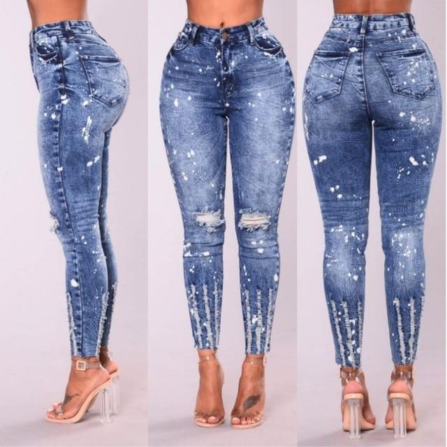 ripped High Waist Skinny Pencil Blue Denim Pants