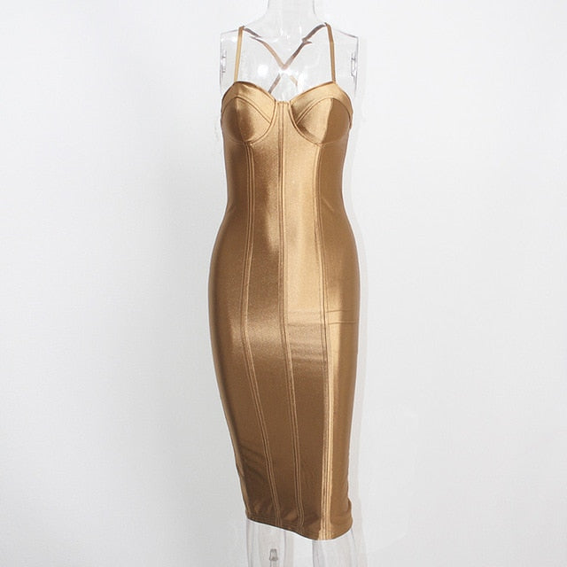 Sexy Party Midi Bodycon Satin Shiny Party V Neck Dress