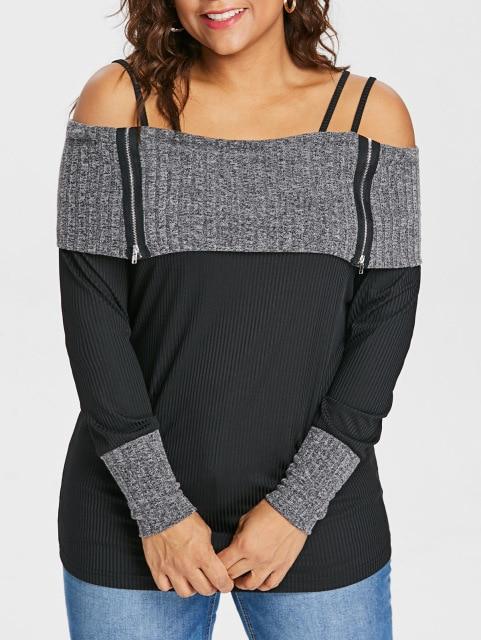 Plus Size Open Shoulder Long Sleeve T-Shirt Zippers