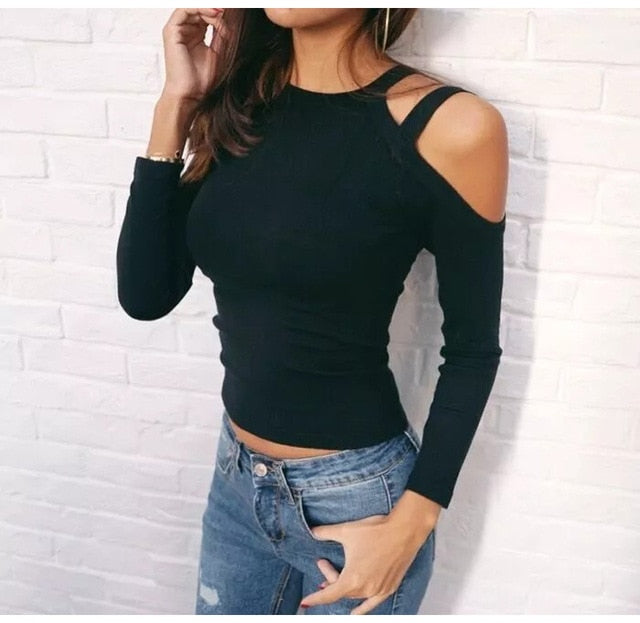 Women Sexy Knitted Cotton Long Sleeve Slim Fit Casual Top