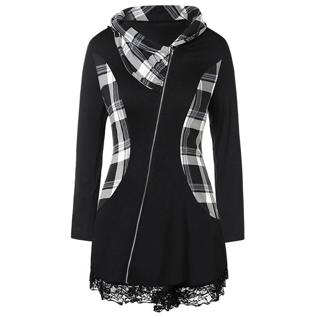 Women Plus Size Lace Insert Plaid Zip Fly Coat