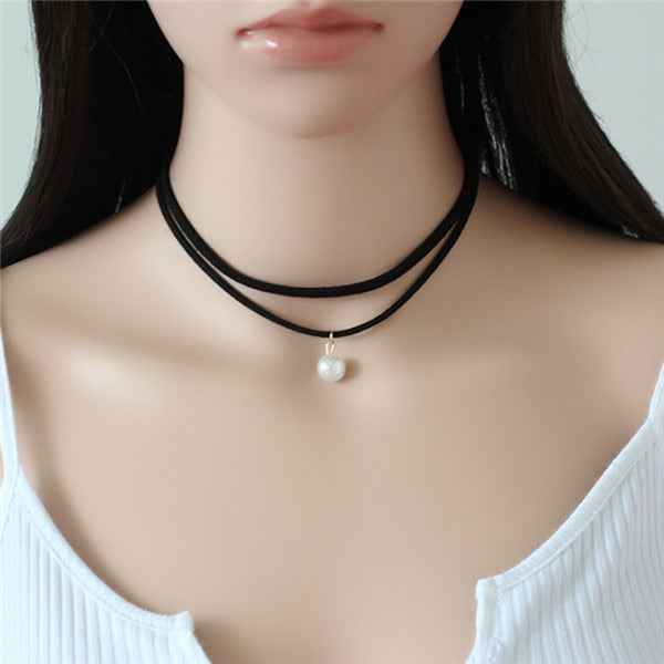 Double Layer Single Imitation Pearl Choker Necklace Collier