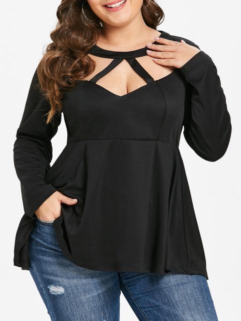 Plus Size Tops Women T Shirts Cutout Long Sleeves Peplum Tee Spring