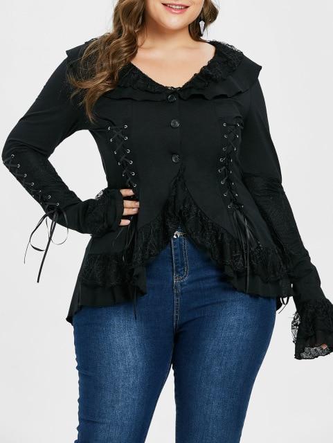 Plus Size Lace Detail Button Up Ruffle Dip Hem Coat