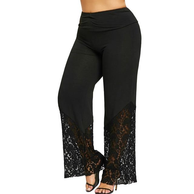 Women Plus Size Lace Hollow Out Trim Palazzo Pants