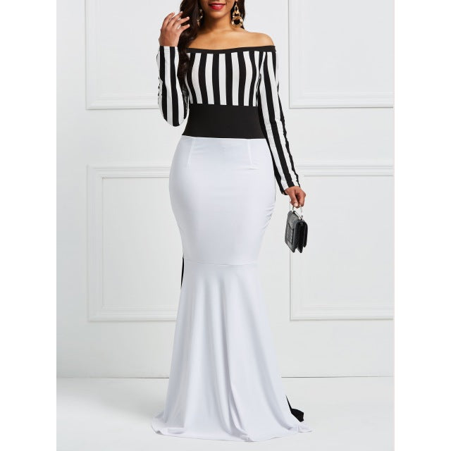 Elegant Women Off Shoulder Long Sleeve Stripes Color Dress