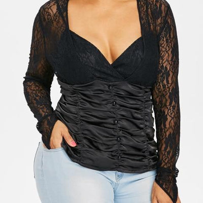 Plus Size Women Embellished Lace Panel Ruched T-Shirt