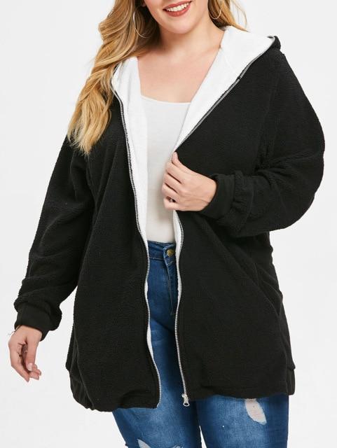 Autumn Winter Plus Size Hooded Zip Up Faux Fur Coat Female Zipper