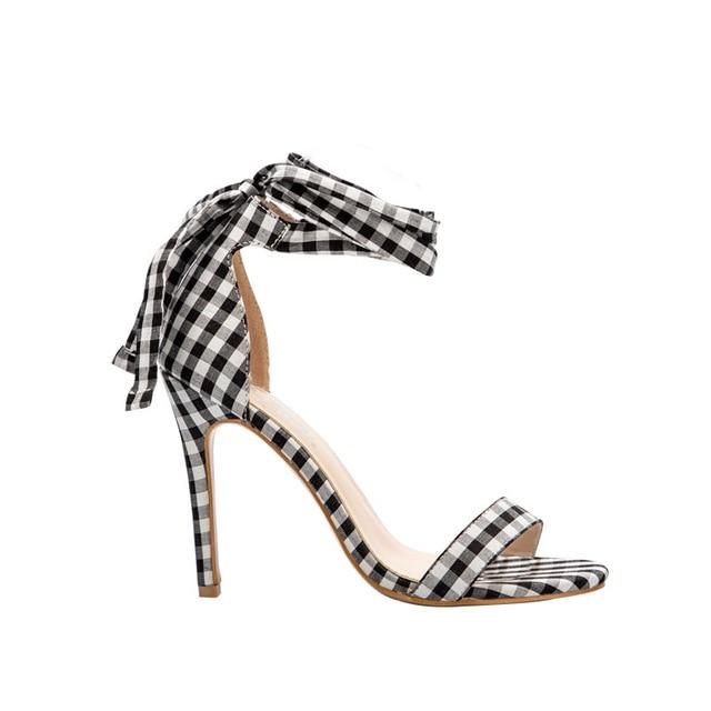 Scottish Plaid High Sandals Women Cross-Tied Heels