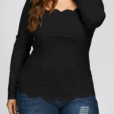 Women Plus Scalloped Square Neck Long Sleeve Top