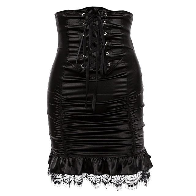 Gothic Bodycon Elegant Lace Bandage Pleated Zipper High Waist Skirt